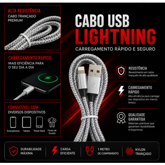 Cabo Lightning para iPhone 1 Metro 4.8A Carregamento Rápido USB Compatível iPhone 14 13 12 11 X XR XS 8 7 6 Plus