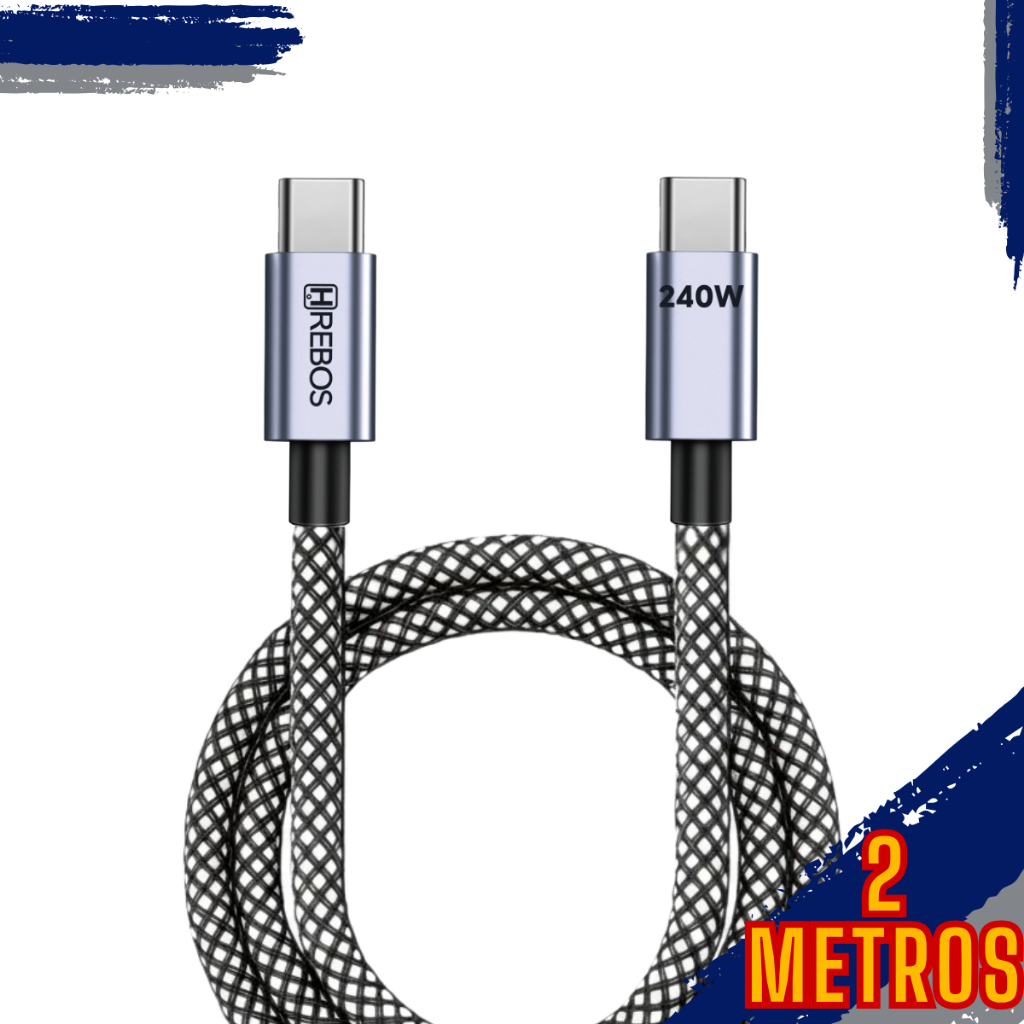 Cabo Tipo C x Tipo-C de 240w Turbo com 2 Metros - Notebook Celular Dados e Carregador Inteligente