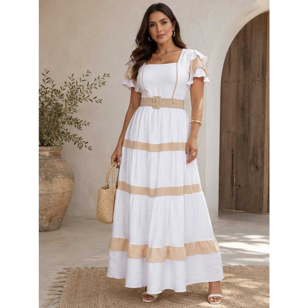 Vestido Longo  Feminino  Manga com Cinto com Bojo