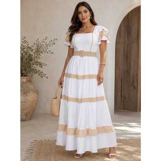 Vestido Longo  Feminino  Manga com Cinto com Bojo