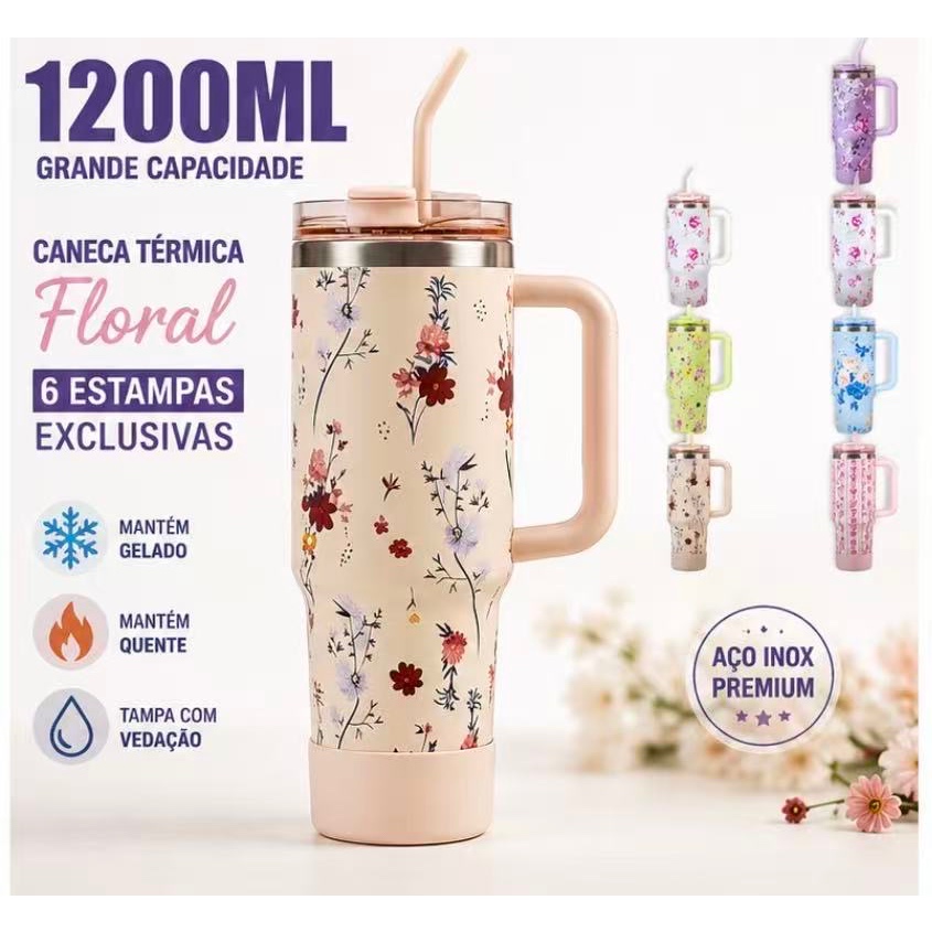 Caneca Térmica Floral 1200ml Inox com Alça e Canudo | Copo Térmico Premium Mantém Gelado e Quente