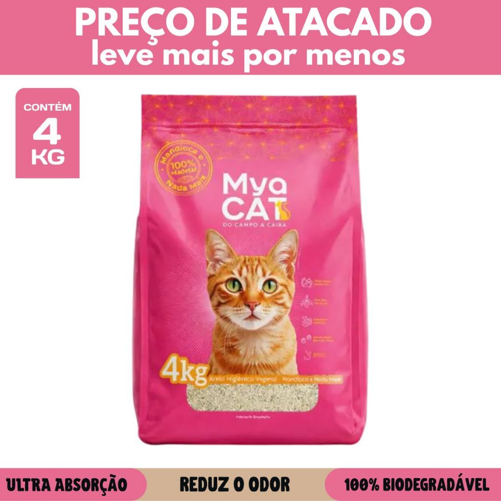 Areia Mya Cat Biodegradável Mandioca Elimina Odor Gatos 4kg