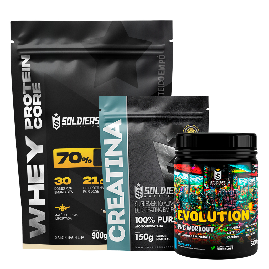 Kit Whey Core 70% de Proteína Concentrada -900g + Pré-Treino Evoluition 300g + C