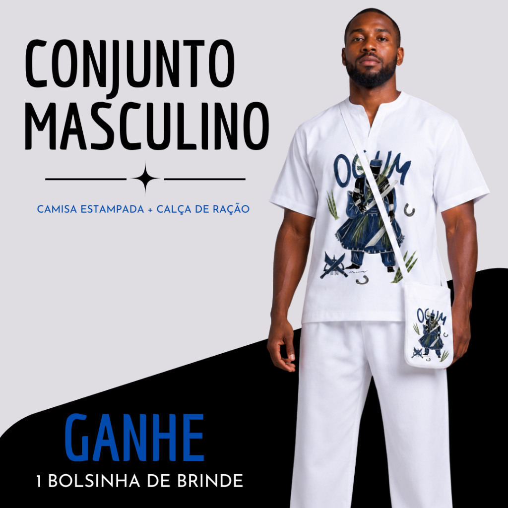 Roupa de Ração Masculino Conj. Umbanda Candomblé 3 Peças (CAMISA ESTAMPADA + CALÇA + BOLSINHA DE BRINDE)