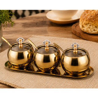 Kit 3 potes Açucareiro Luxuoso porta Condimentos Aço Inox - 304 Dourado Elegante