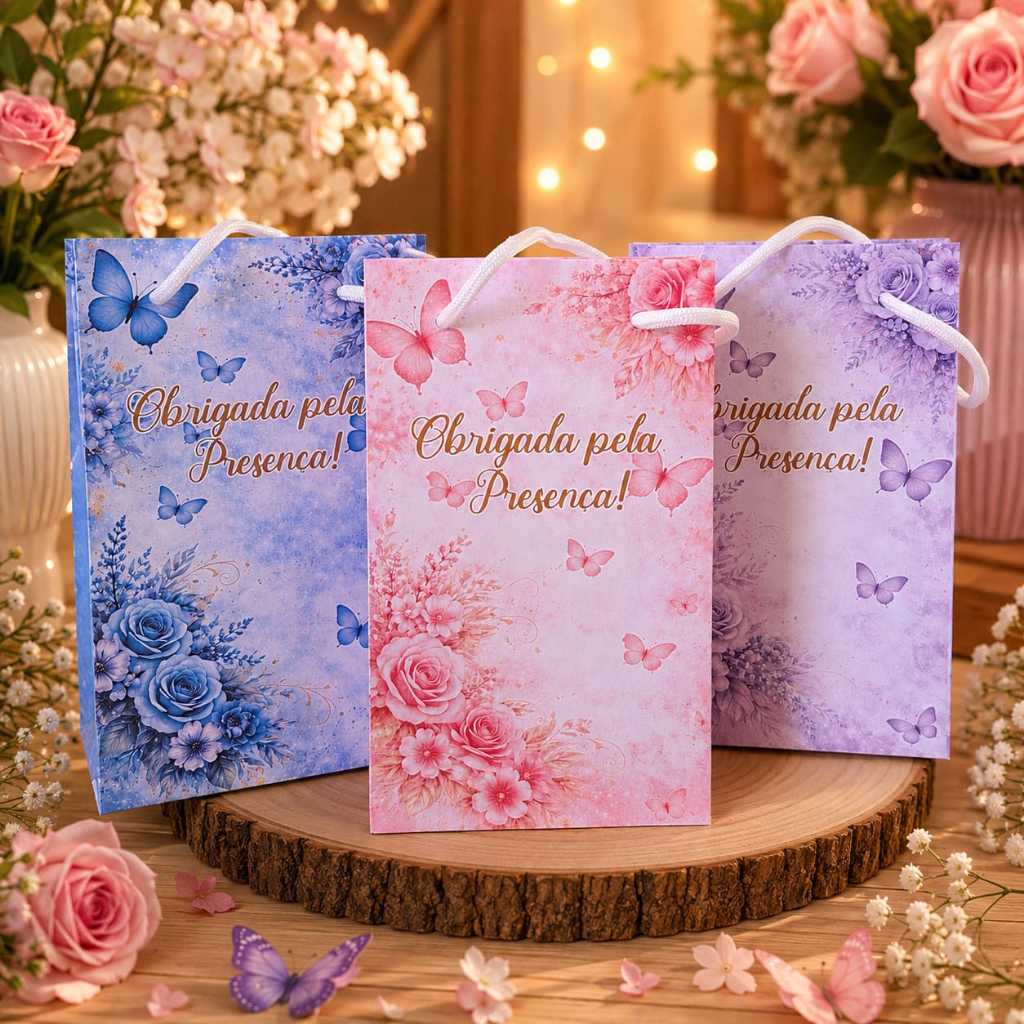 Kit Sacolinha Personalizada Jardim das Borboletas Floral - Caixinha para Festa - Aniversário