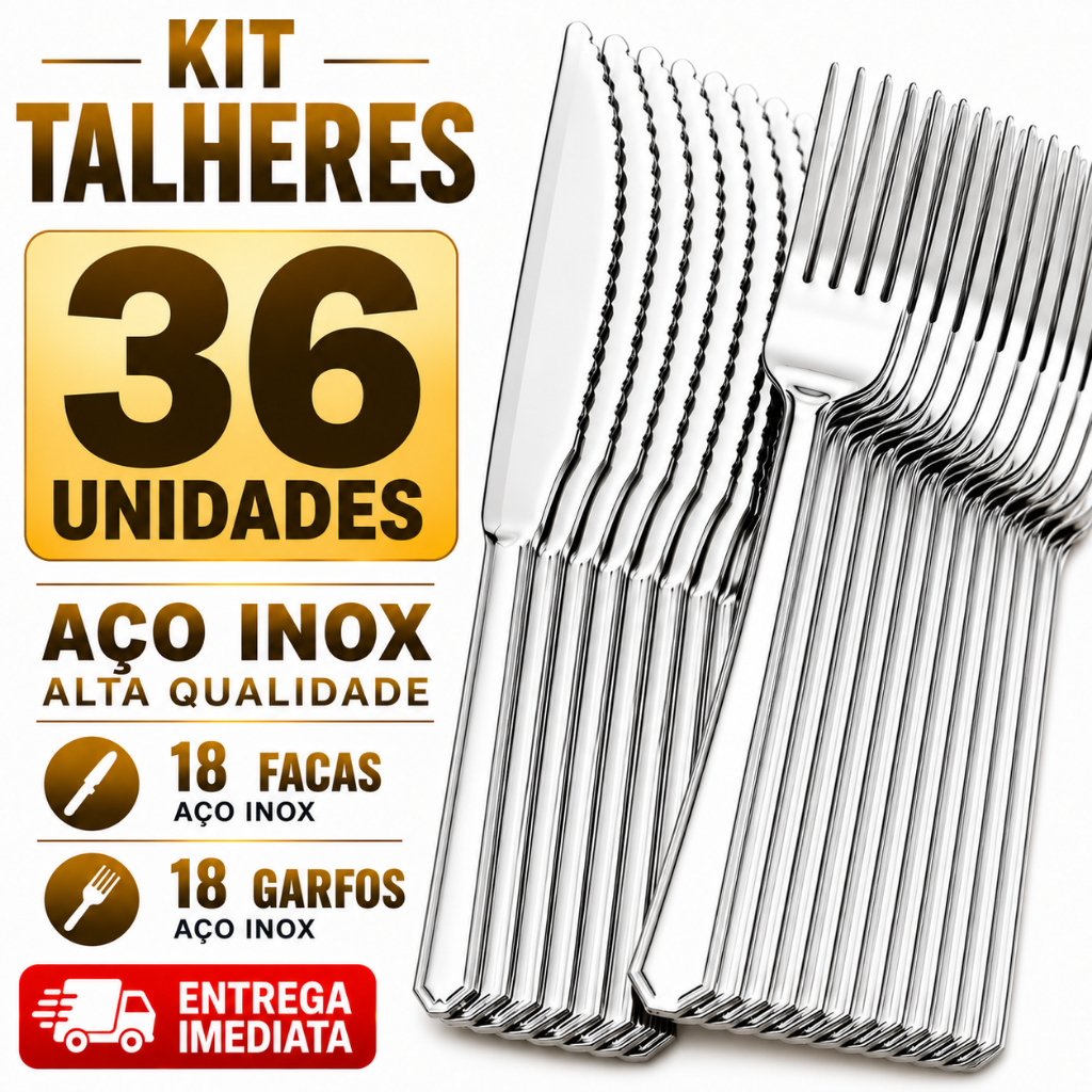 Kit 36 Talheres Inox 18 Facas 18 Garfos Casa  Restaurante Buffet Qualidade Garantida Utilidades Multiuso Prata