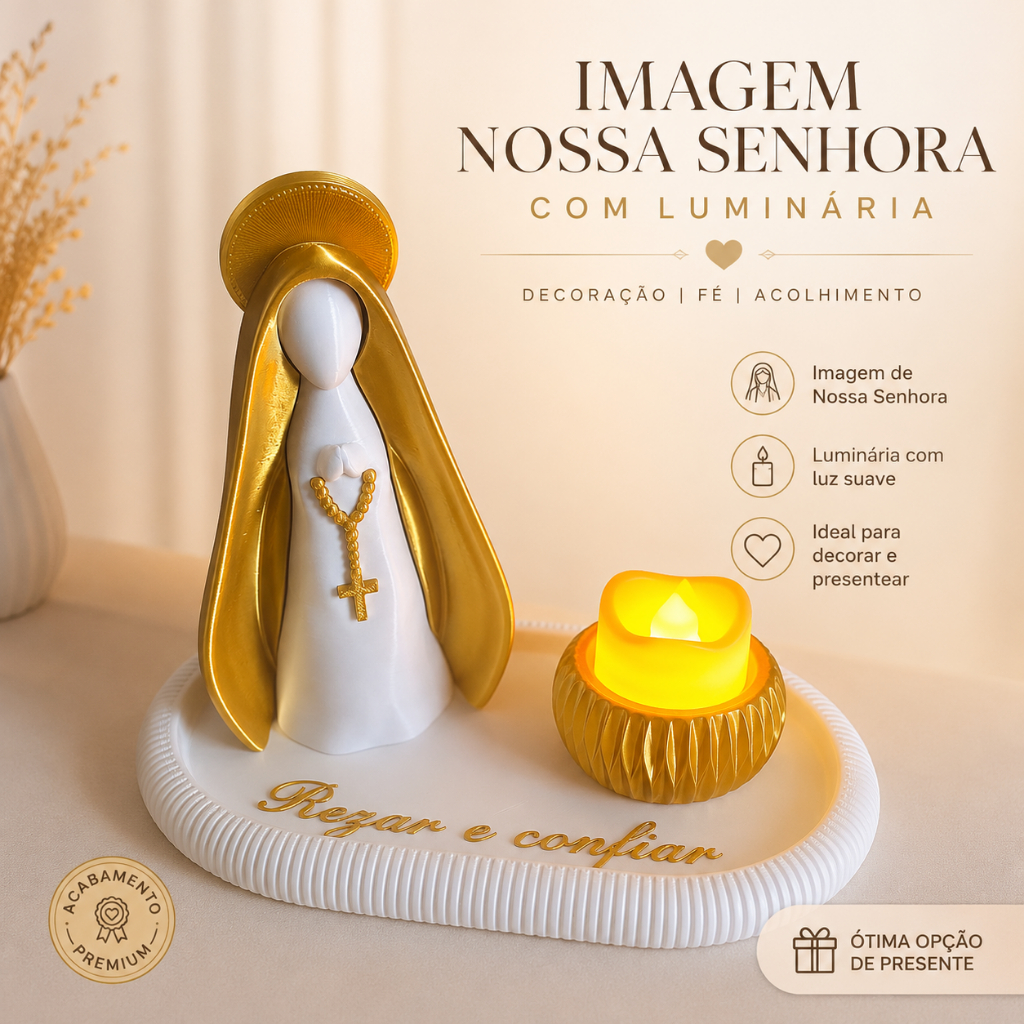 Kit Nossa Senhora Aparecida decorativa em 3D com Vela de LED + Bandeja Devoção Fé Cantinho da Oração Presente Católico