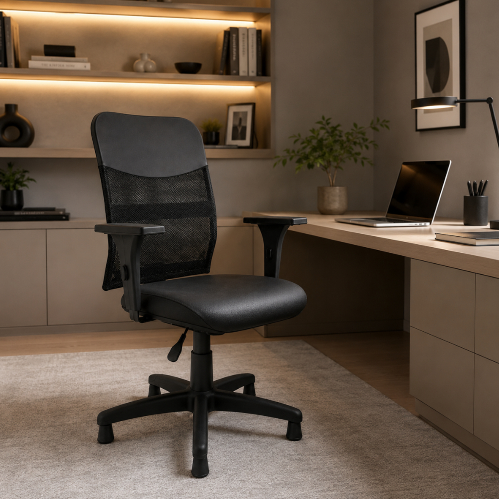 Cadeira Para Escritório Ergonômica E Confortável Tela Mash Preta Braços Regulável Couro Sintético Sapata - 120kg