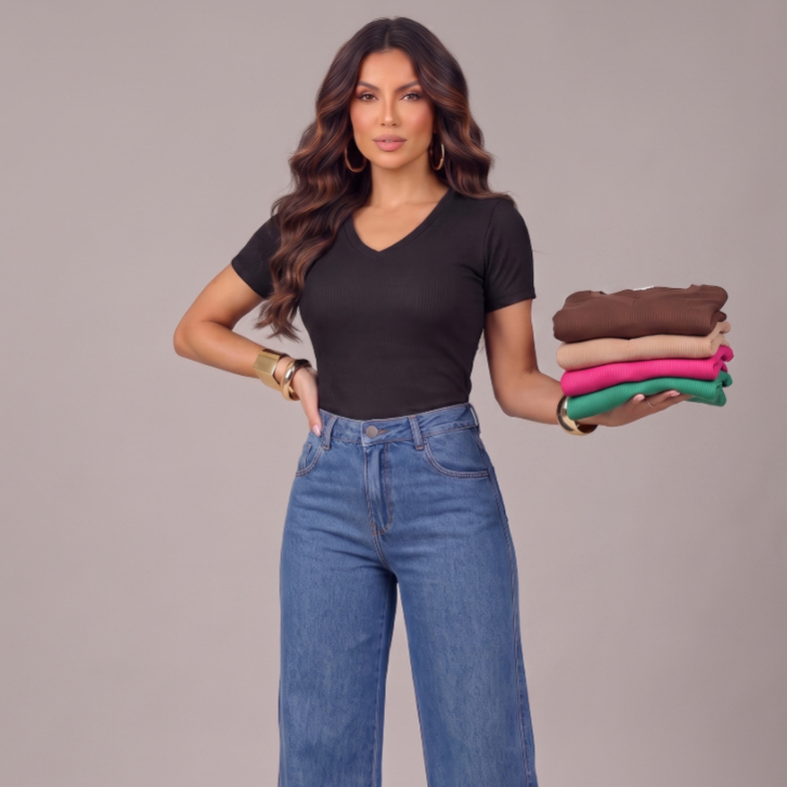 Blusa Feminina Canelada Gola V Básica Casual Premium Malha Macia Confortável Elegante Trabalho Dia a Dia
