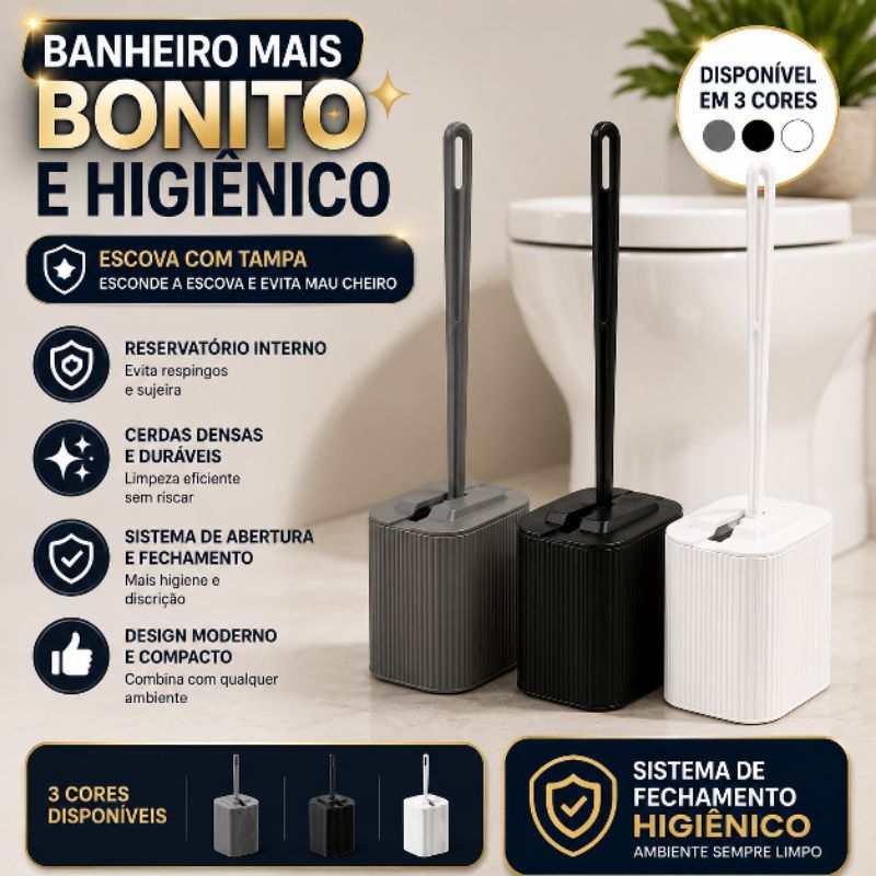Escova Sanitária com Tampa e suporte para vaso sanitário compacta moderna 3 cores