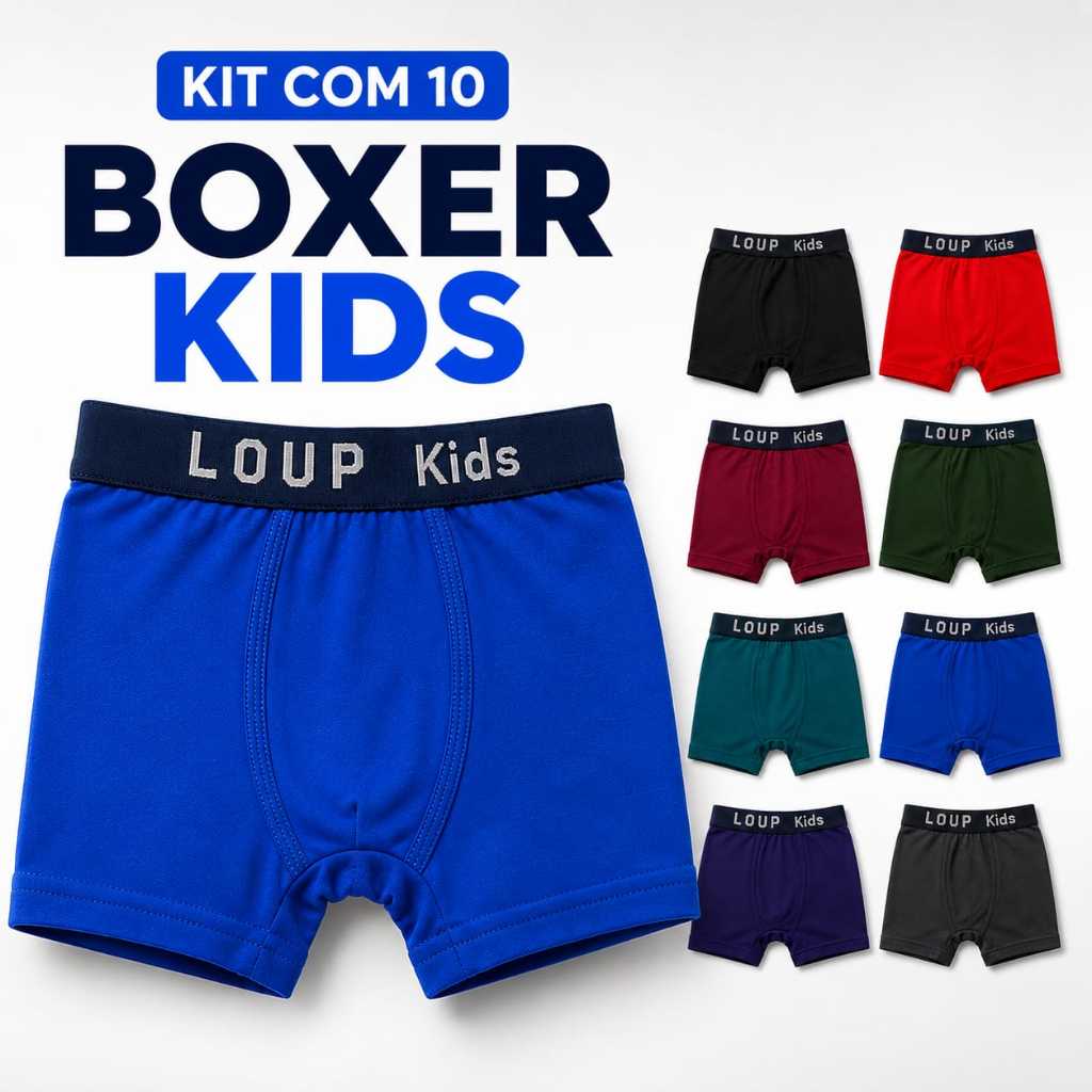 Kit 10 Cuecas Infantil Boxer Microfibra Lisa Kids 4 a 12 anos
