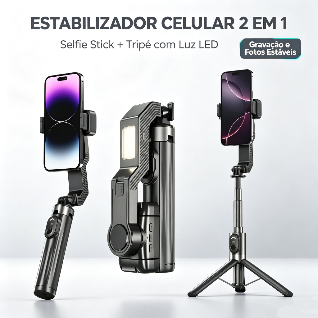 Bastão Selfie Tripé Dobrável 101cm,Gimbal Estabilizador IA para Celular  LED Controle Bluetooth 5.2