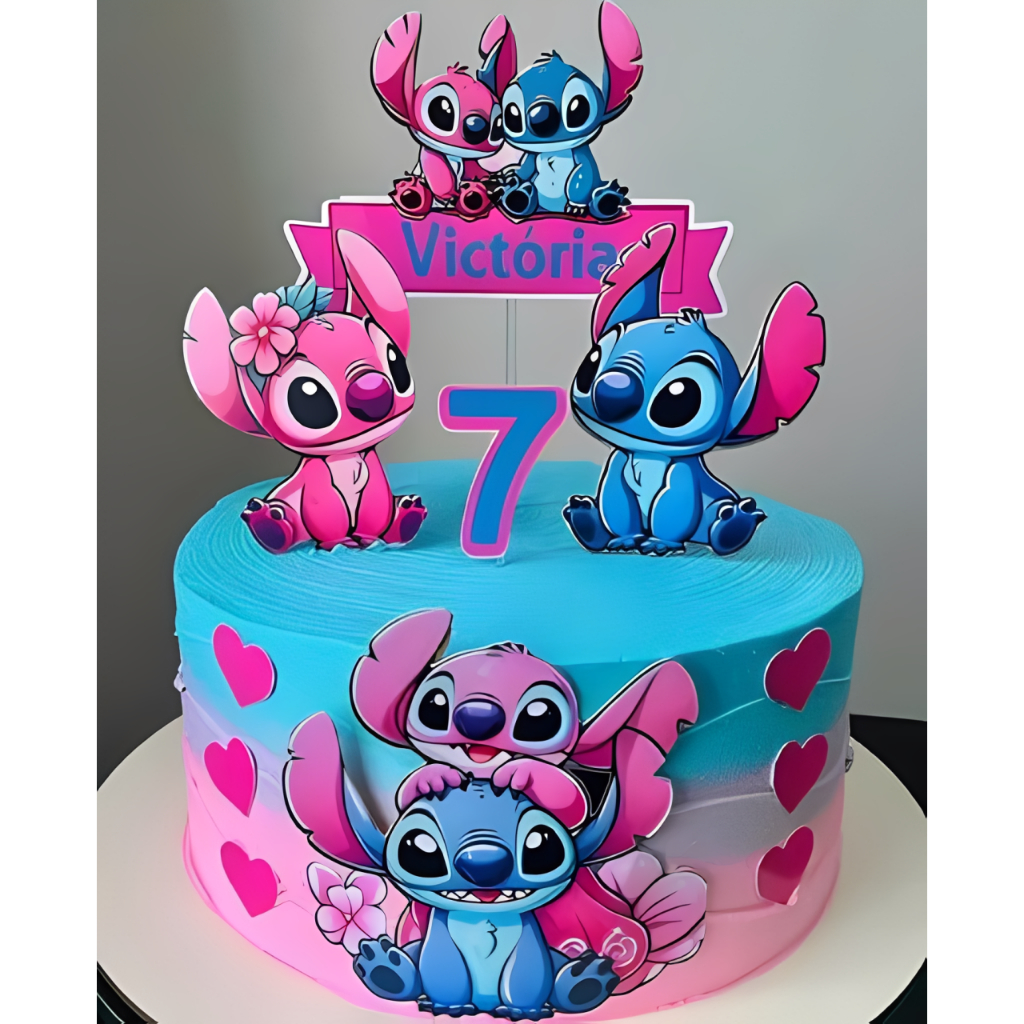 Topo Topper de Bolo Tema Personalizado Stitch e Angel