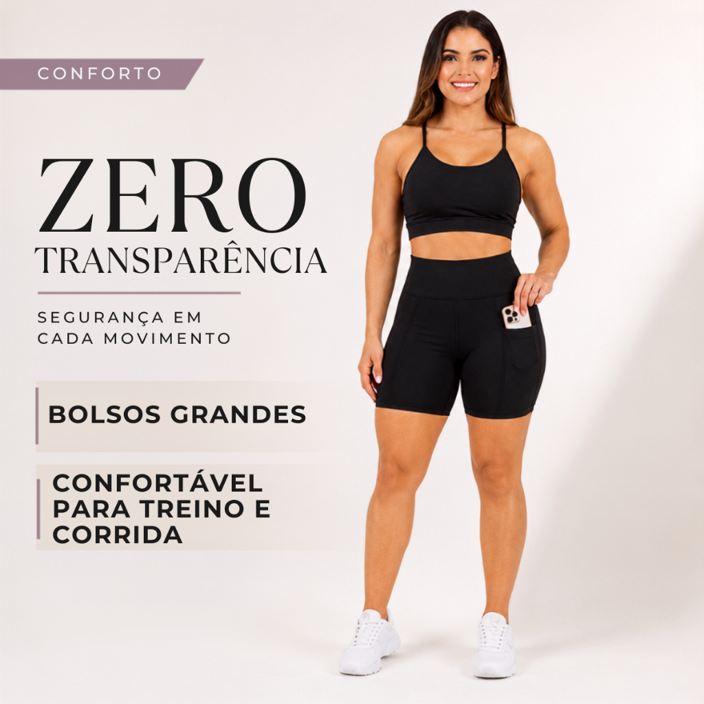 Conjunto Fitness Shorts Com Bolso e Top Com Alça Feminino Zero Transparência Poliamida Premium UV50+