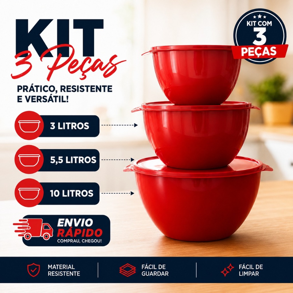 Kit 3 Tigelas Bowl de Plástico Hermético Resistente 3000 , 5500 e 10000 ml Empilhável Churrasco Saladeira Bacia C/ Tampa