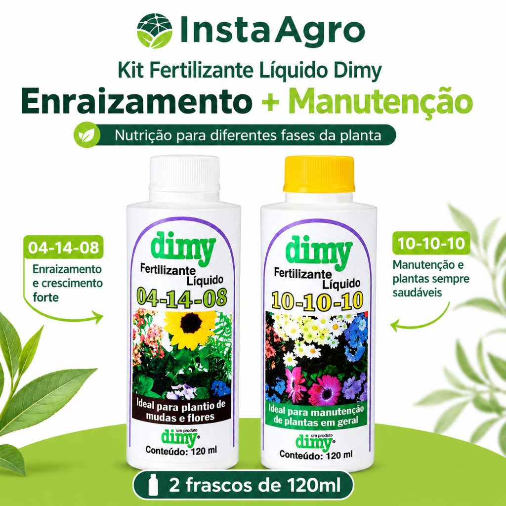 Kit Fertilizante Liquído Mineral Concentrado 10-10-10 e 04-14-08 120ml Dimy