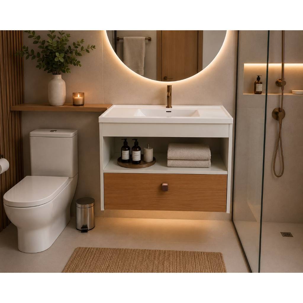 Armário gabinete moderno compacto Miami para banheiro lavabo com pia integrada abs