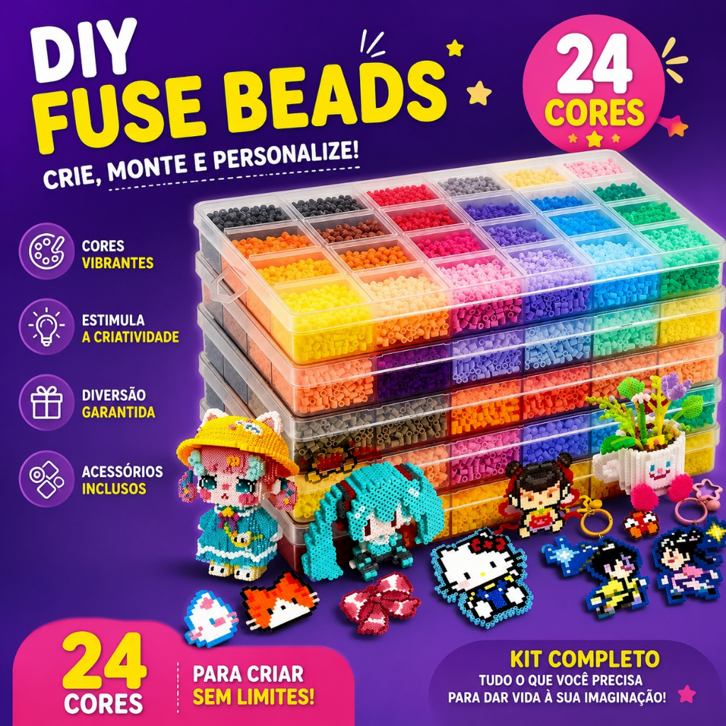 Kit Fuse Beads 2.6mm 14.000 Peças 24 Cores para Artesanato Infantil DIY com Acessórios