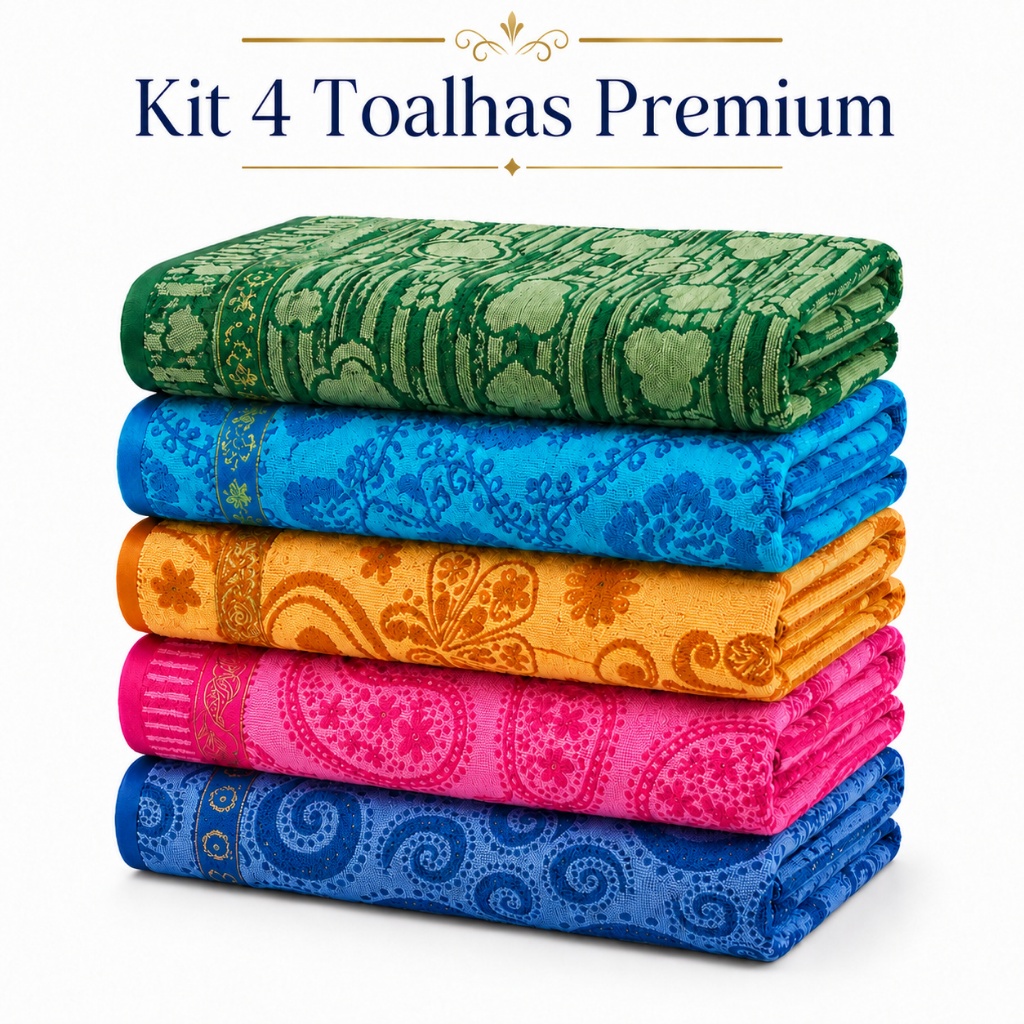 Kit 4 Toalhas de Banho Premium Felpuda 70x140 Estampadas Toque Macio Alta Absorção 40% Algodão Hotel