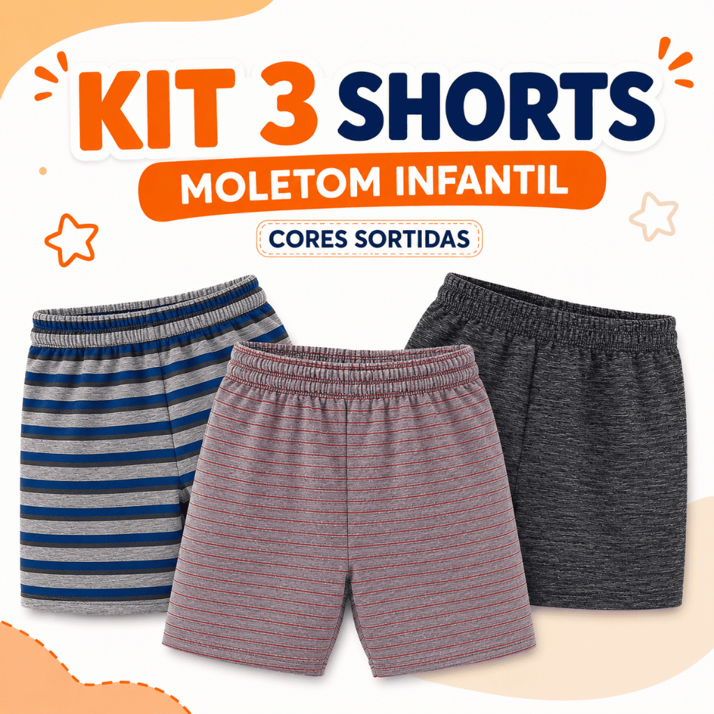 KIT 3 BERMUDAS MOLETOM SHORTS MENINO INFANTIL JUVENIL CORES SORTIDAS TAM 4,6,8,10,12 ACABAMENTO DE QUALIDADE