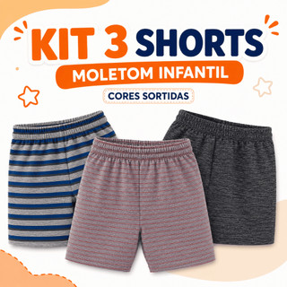 KIT 3 BERMUDAS MOLETOM SHORTS MENINO INFANTIL JUVENIL CORES SORTIDAS TAM 4,6,8,10,12 ACABAMENTO DE QUALIDADE