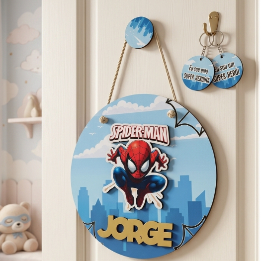 Porta Maternidade Super Herói Nome Personalizado MDF 3D Decoração Quarto Bebê + 2 brindes de Chaveiro