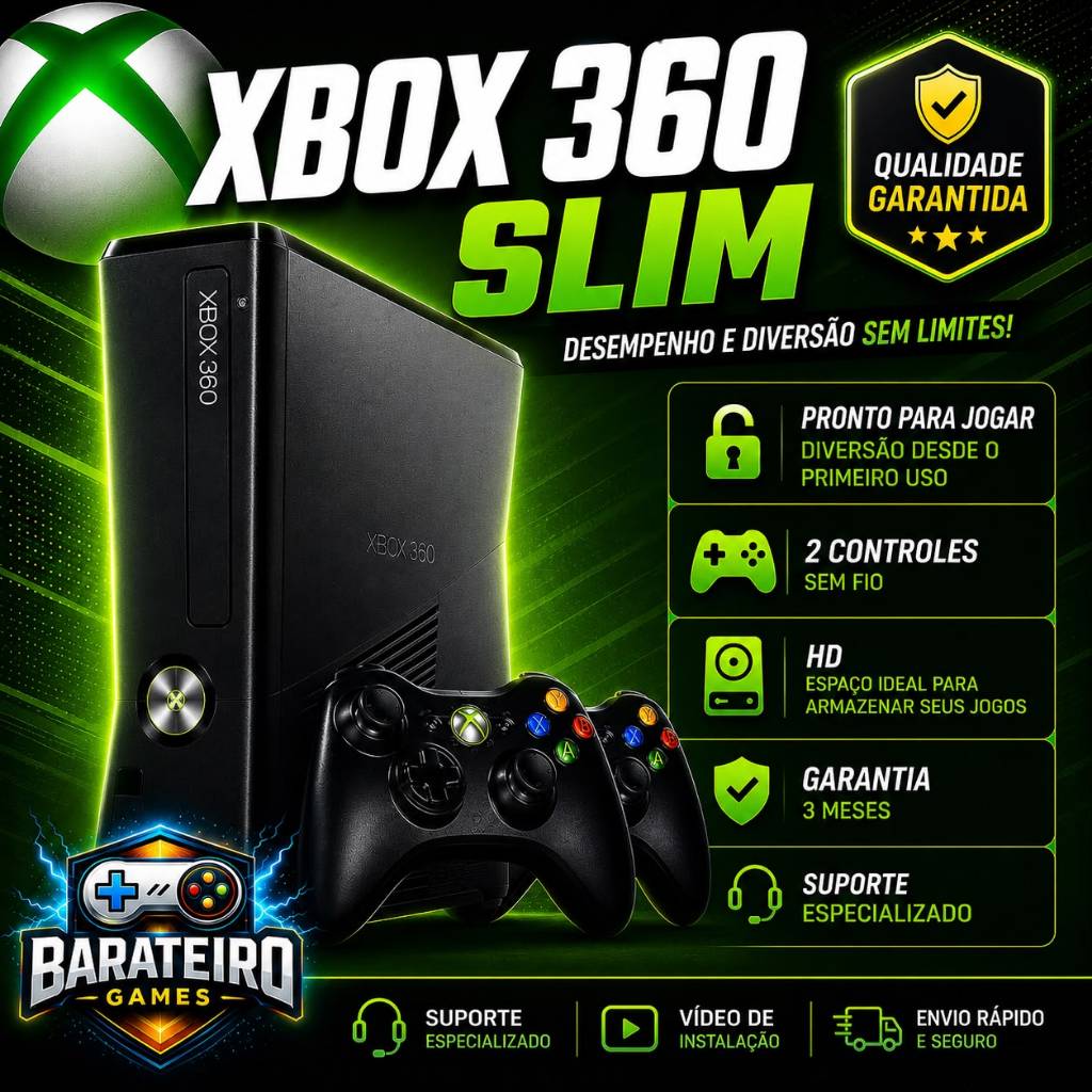 Xbox 360 Slim + 2 Controles | Pronto para Jogar + HD 500GB 100% ATUALIZADO