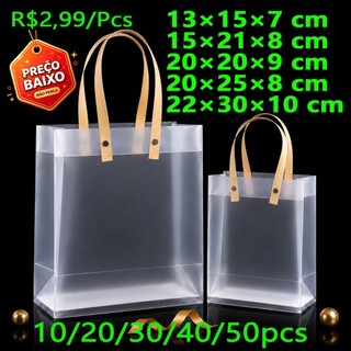 Kit10/20/30 Sacolas de Presentes Transparente Fosca Reforçada PP com Alça Fibra Adequado para Lanches Artesanais Bebidas