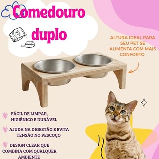 Comedouro Duplo Bebedouro Elevado Ergonômico Madeira Para Cães e Gatos Com Duas Tigelas Vasilhas Ração Alumínio Inox Pet