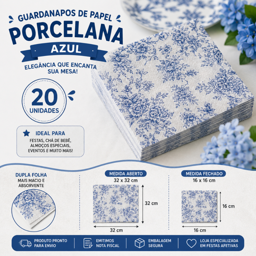 20 a 100 Guardanapos de Papel Porcelana Azul 32x32 cm Folha Dupla Silver Festas