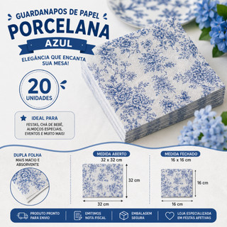 20 a 100 Guardanapos de Papel Porcelana Azul 32x32 cm Folha Dupla Silver Festas