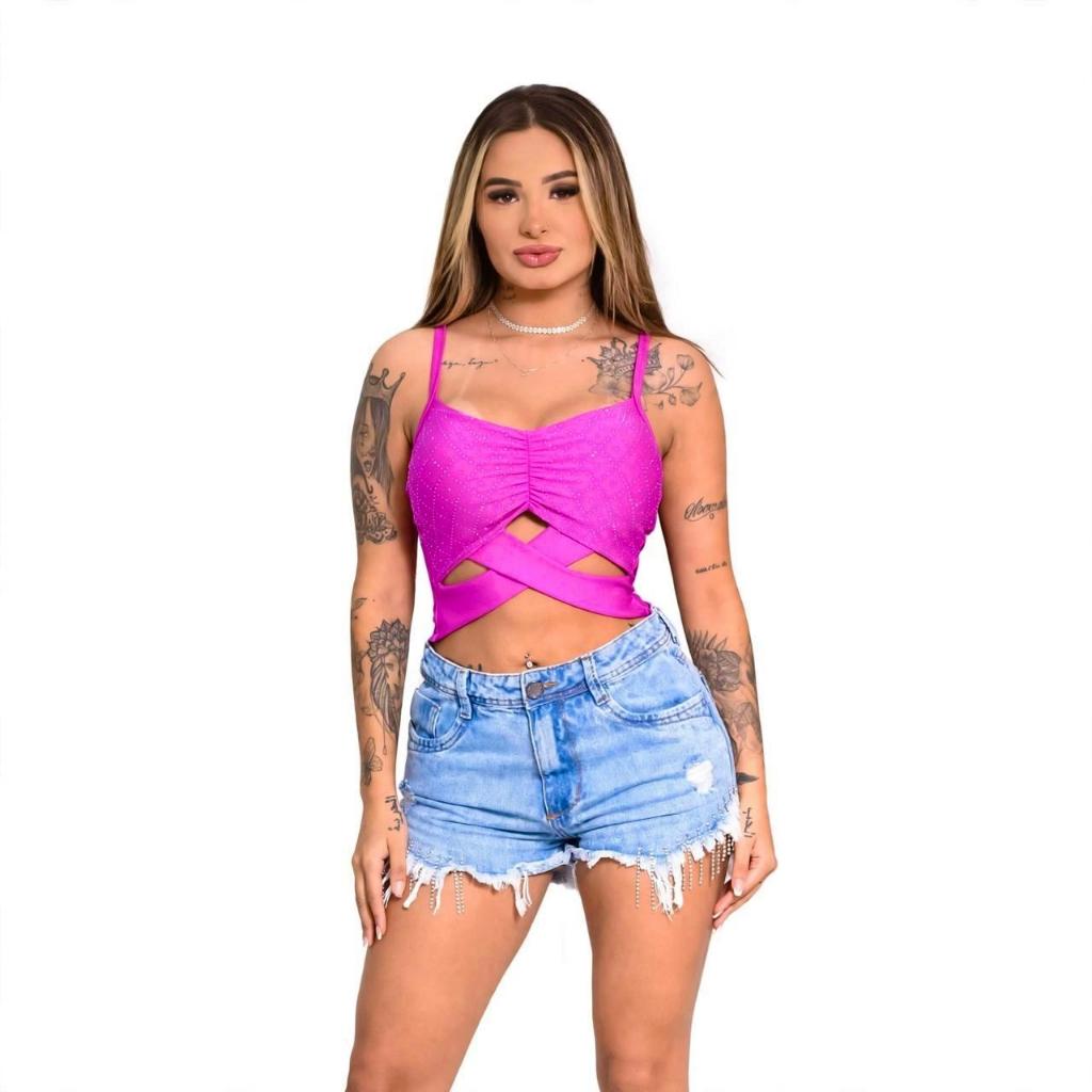 cropped feminino Cropeed brilho alcinha croped com bojo decotado