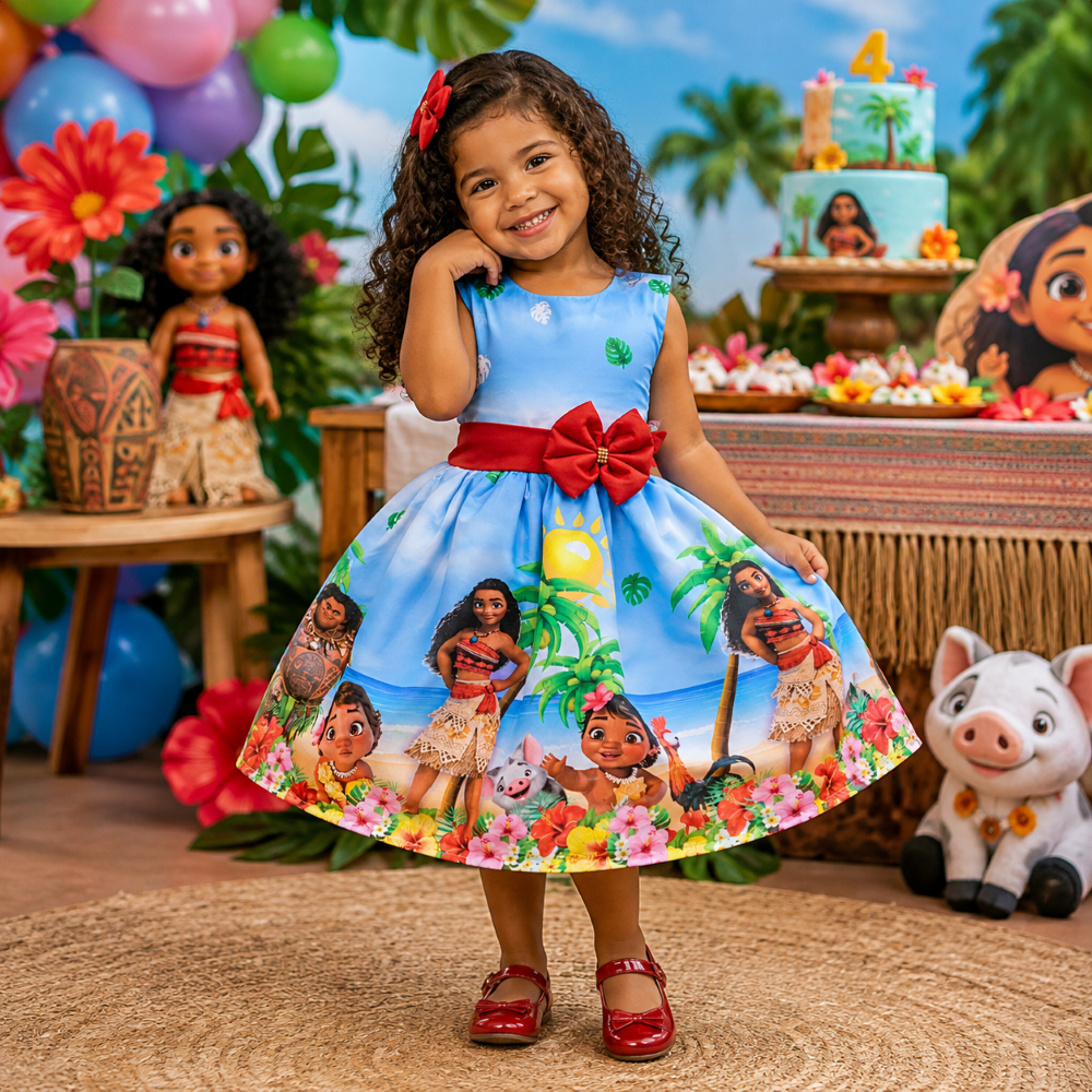 Vestido Infantil Temático Menina Moana Adulta E Baby com Armação de Tule e Laço Ajustável