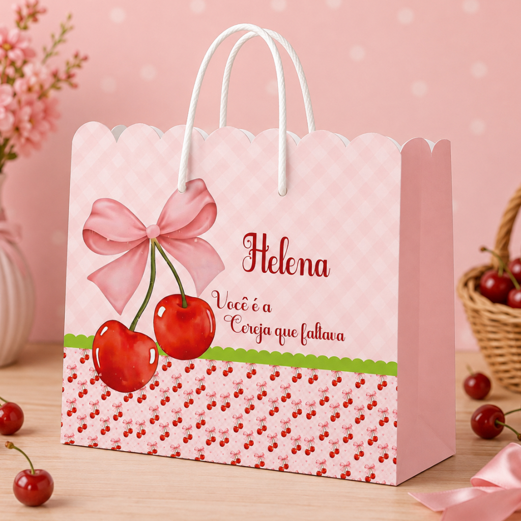 Kit Sacolinha Sacola Papelaria Personalizada Cerejinha Sacolinha de Lembrancinha