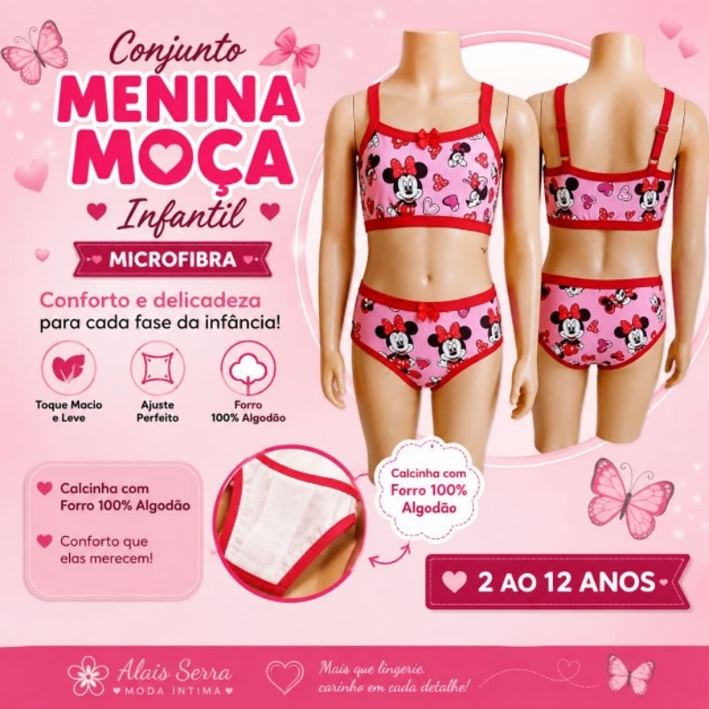 Kit 3 Conjuntos Infantil Menina Moça Top e Calcinha microfibra Estampado Confortável Forro 100% Algodão (2 a 12 anos)
