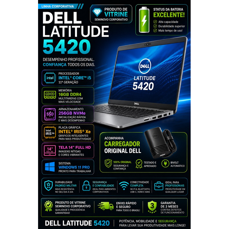 Notebook Dell Latitude 5420 i5 11ª Geração 16GB RAM SSD NVMe 256GB - 14” Full HD
