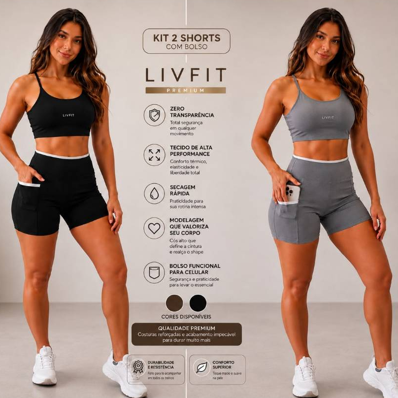 Kit 2 Shorts Feminino Premium Cintura Alta Com Bolso para Celular Roupa Academia Zero Transparência