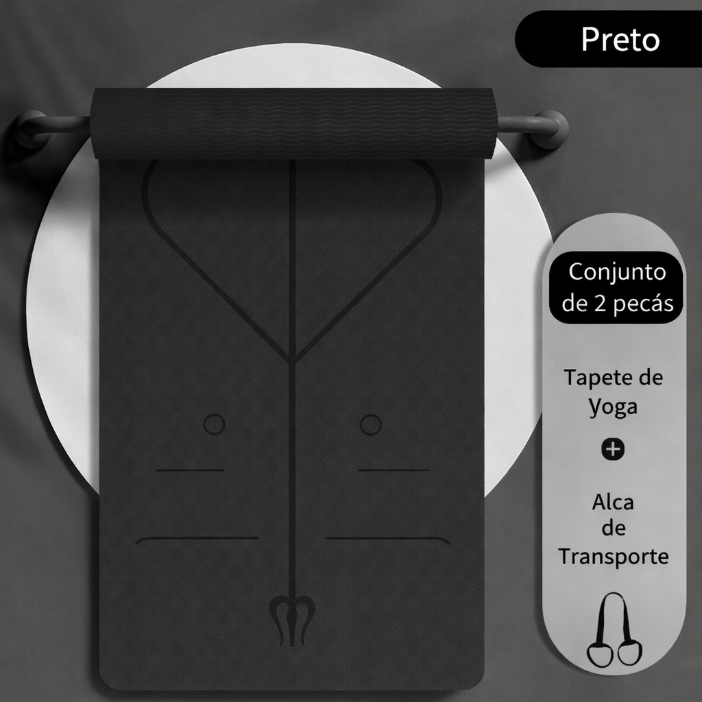 Tapete de Yoga Antiderrapante com Linhas de Alinhamento Pilates Fitness Academia cor preto