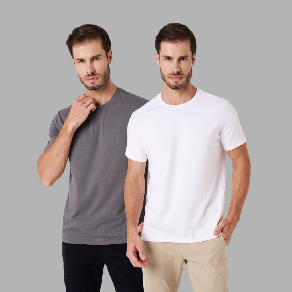Kit 2 Camisetas Algodão Egípcio Premium - Masculina Slim Lisa Básica Combo 2 Unidades Não Desbota - Branco/Cinza