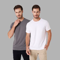 Kit 2 Camisetas Algodão Egípcio Premium - Masculina Slim Lisa Básica Combo 2 Unidades Não Desbota - Branco/Cinza