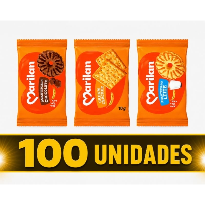 Kit 100 Biscoitos Marilan Sachê Sortido/ Chocolate, Leite e Cream Cracker