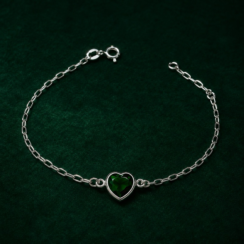Pulseira Coração Verde Prata 925 Feminina Delicado