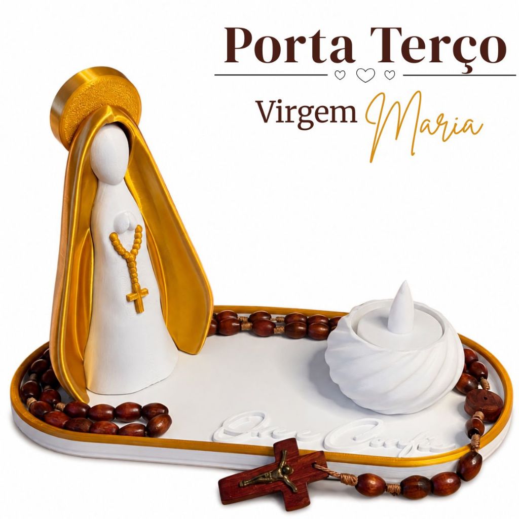 Porta Terço Nossa Senhora - Virgem Maria - Decorativo Com Bandeja - Uma Nossa Senhora -  Suporte de Vela Com Vela de Led