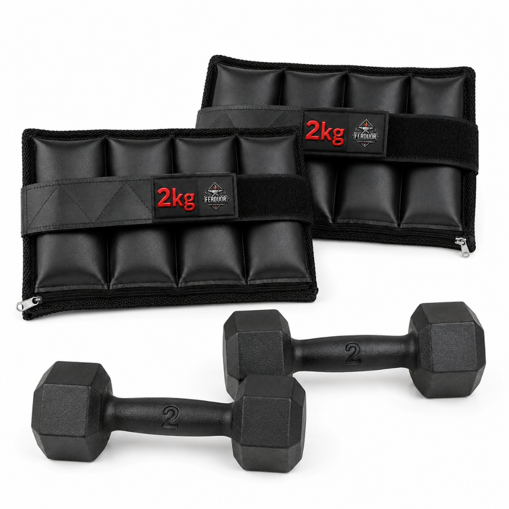 Kit 4 Em 1 Par Halter 2kg Pintado Sextavado + Par Caneleira 2kg Preto 2 Pesos Academia Fitness Treino Exercícios Físico