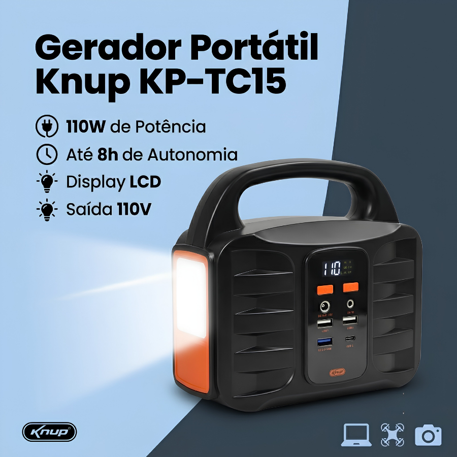 KP-TC15 Gerador De Energia Portatil 100w 110v Potencia Bateria De Lítio Com Visor Led Energia Solar Carregador Lanterna