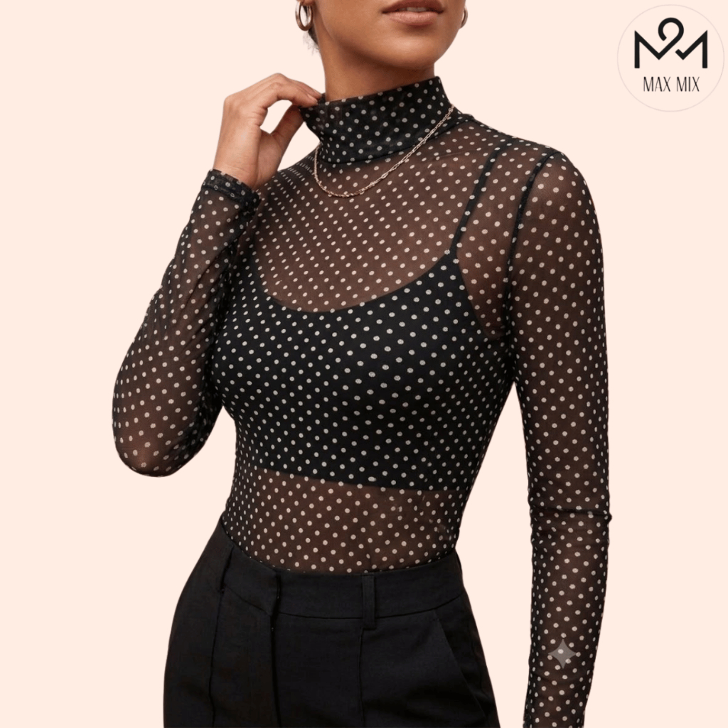Blusa De Tule Poá Feminina Transparente Segunda Pele Elegante