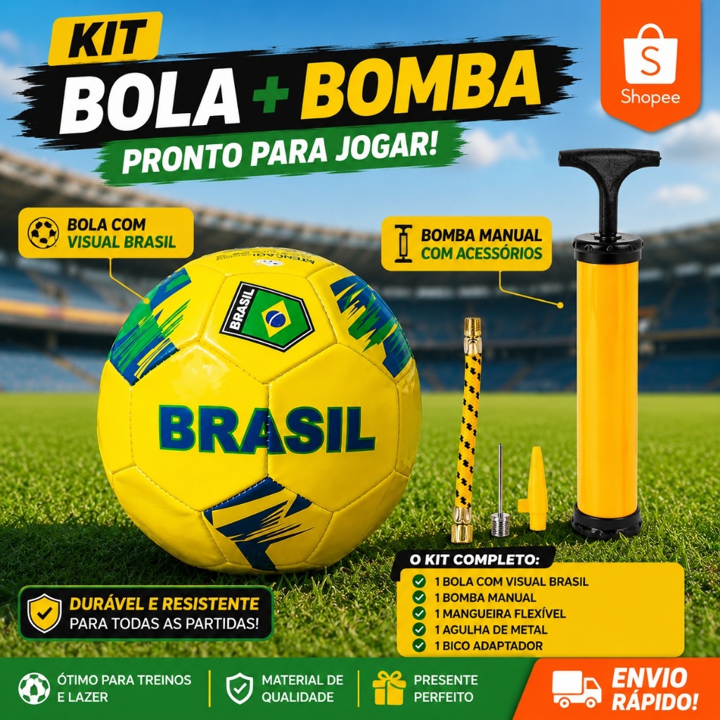 Bola de Futebol Brasil Nº 5 Amarela Seleção Brasileira e Bomba de Ar 24cm | Avulso ou Kit