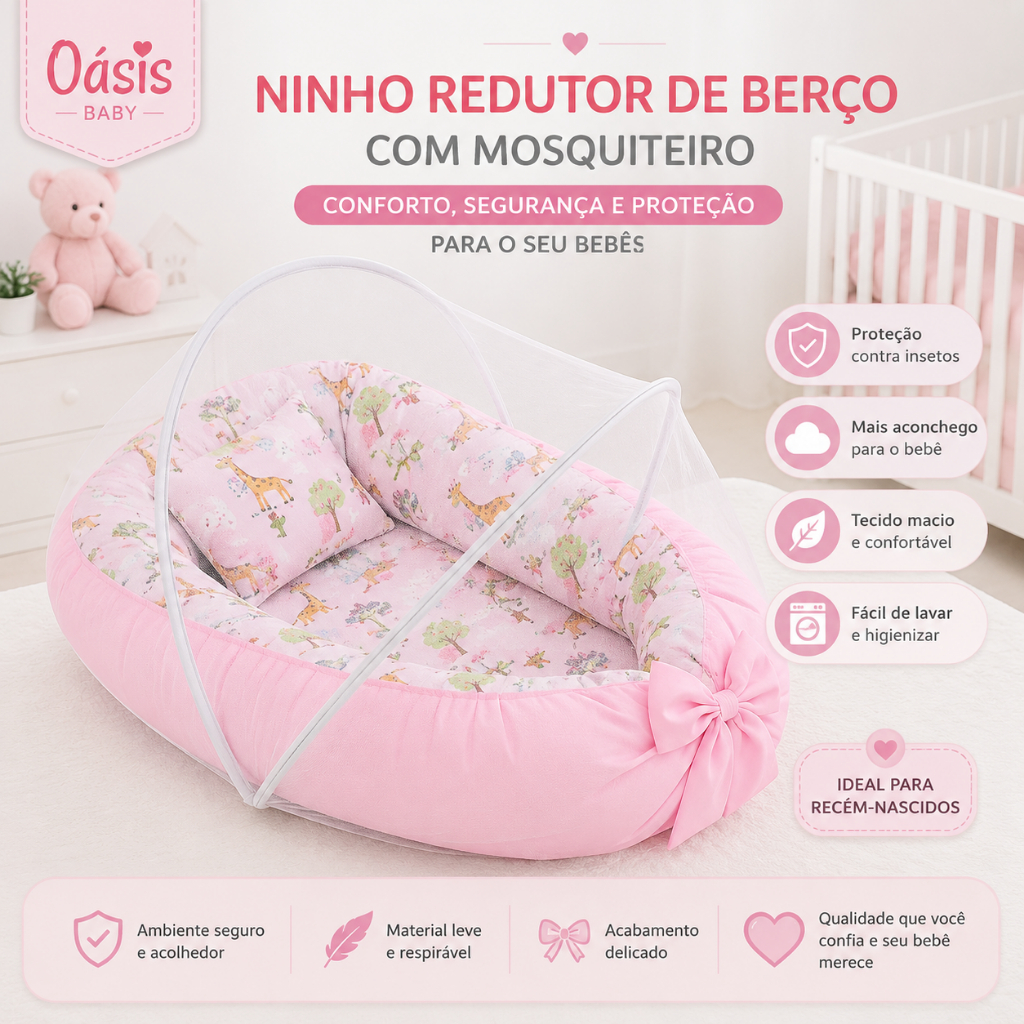Ninho Redutor de Berço para Bebê com Mosquiteiro Várias Estampas