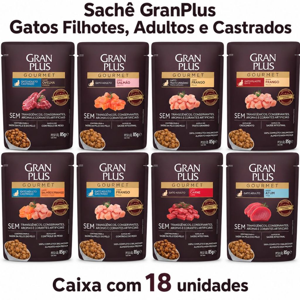 Ração Úmida Gatos Castrados Salmão Frango GranPlus 18 Sachês